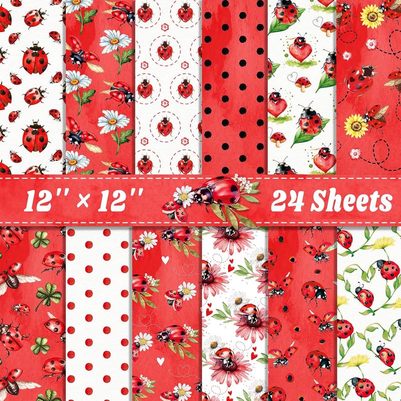 Feivando 24 Sheets Ladybug Scrapbook Paper 12'' × 12'' Double-Sided Red Ladybug Pattern Paper Insect Flower Decorative Decoupage Cardstock for DIY Card Craft Making Scrapbook Supplies - Image 1